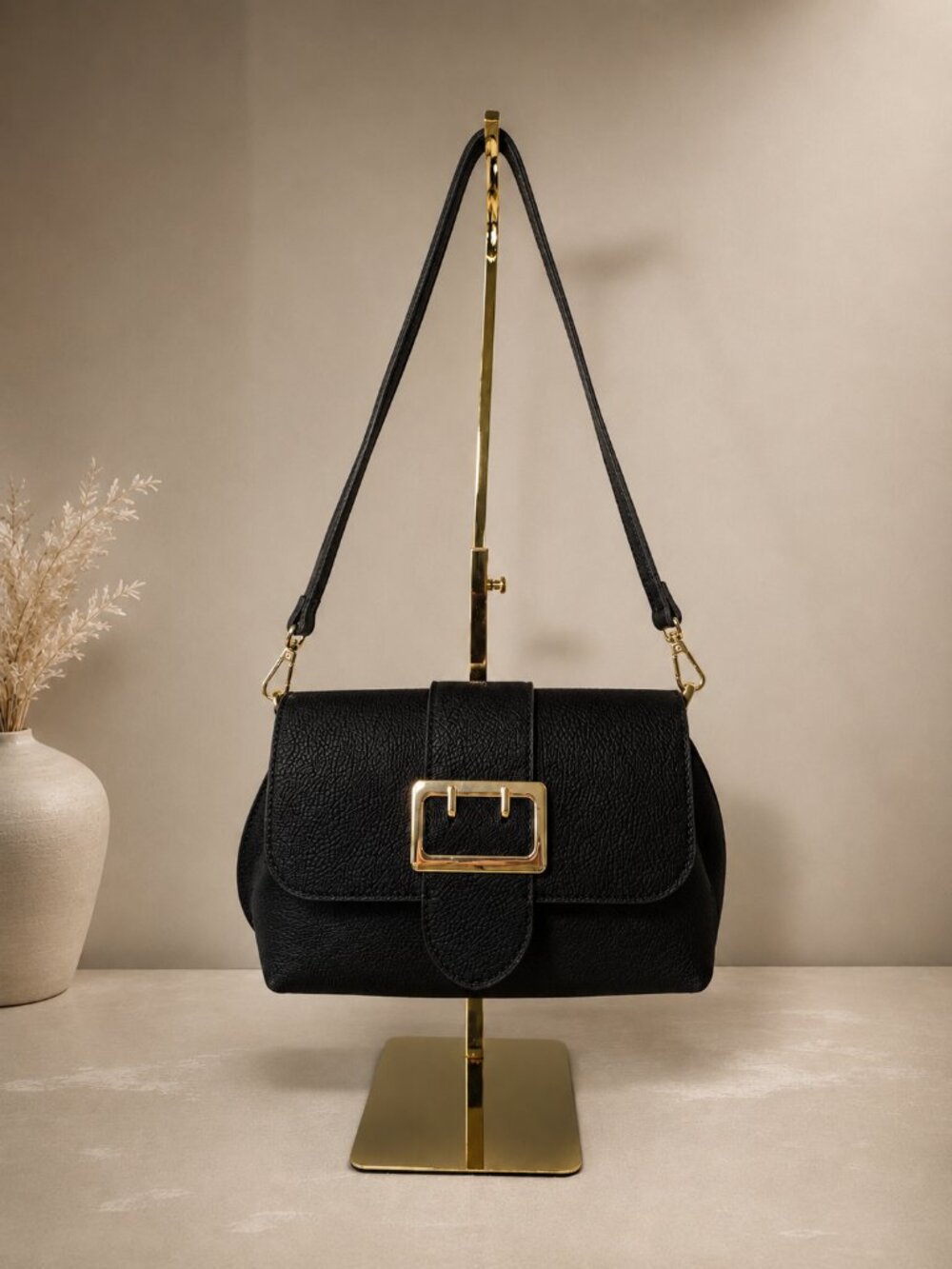Black Italian Leather Crossbody Bag, Gold Buckle Shoulder Handbag, Made Italy